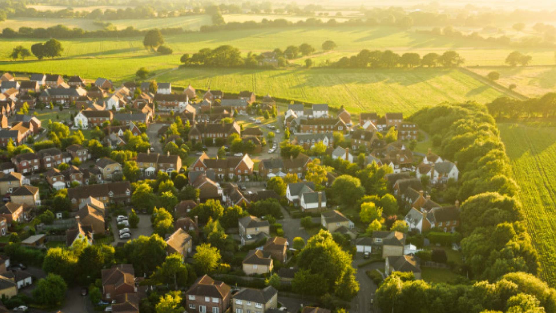 Aerial view of homes and countryside